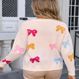Angel Wings Bow Graphic Round Neck Long Sleeve Sweater - Apricot