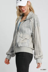 Umgee Two-Way Jacquard Zip-Up Jacket - H. GREY