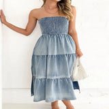 Smocked Tube Slit Tiered Denim Dress - Light Blue