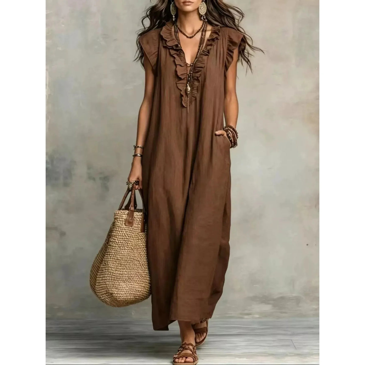 Full Size Ruffled V-Neck Cap Sleeve Maxi Dress Plus Size - White