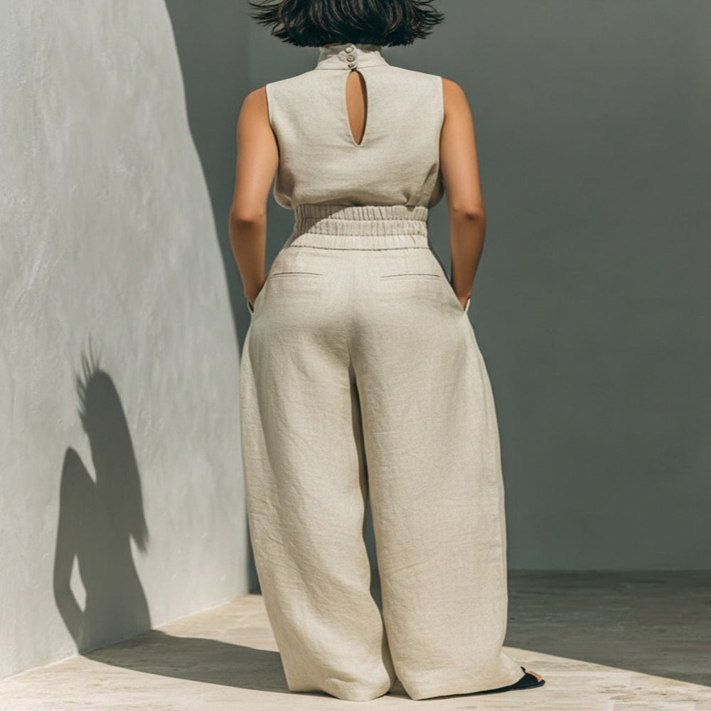 Turtleneck Sleeveless Top and Pants Set - Ivory