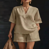 Full Size Notched Half Sleeve Top and Shorts Set Plus Size - White