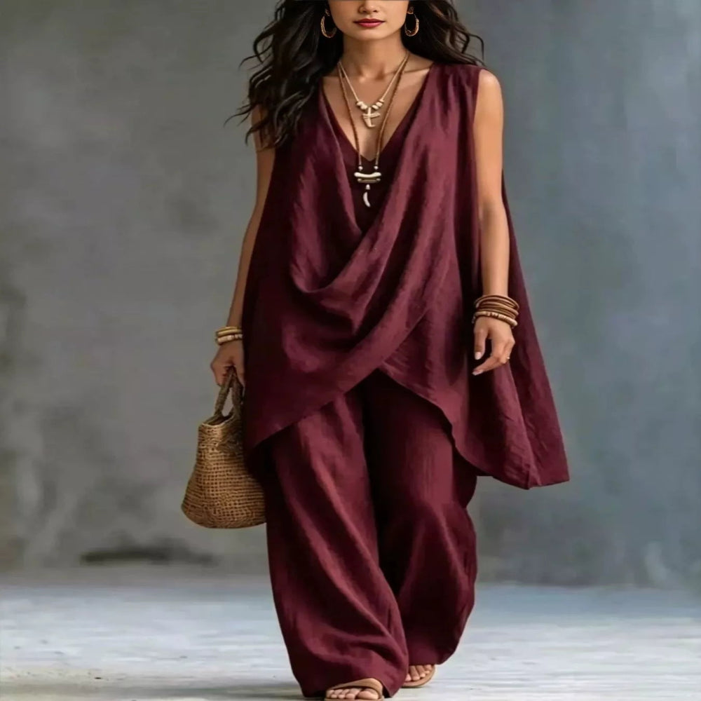 Sleeveless Asymmetrical Top and Wide-Leg Pants Set - White