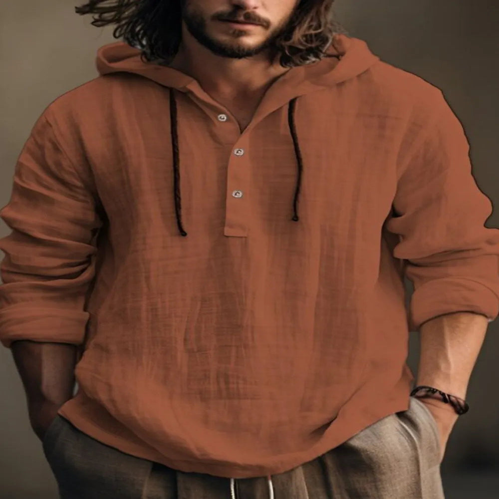 Men's Full Size Half Button Long Sleeve Hoodie - Ivory