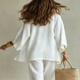 V-Neck Top & Cardigan & Pants Three-Piece Set - White