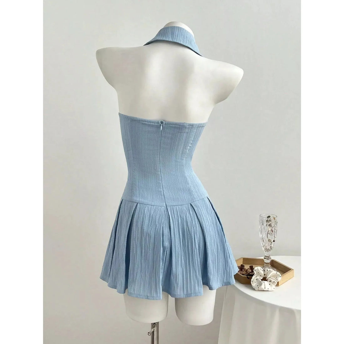 Halter Neck Bow Tie Pleated Mini Dress - Light Blue