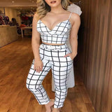 Grid Print Crop Top and Pants Set - White