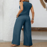 V-Neck Button Down Vest and Wide Leg Pants Set - Sage