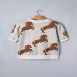 Western Horse Short Puff Sleeve Sweater - Beige