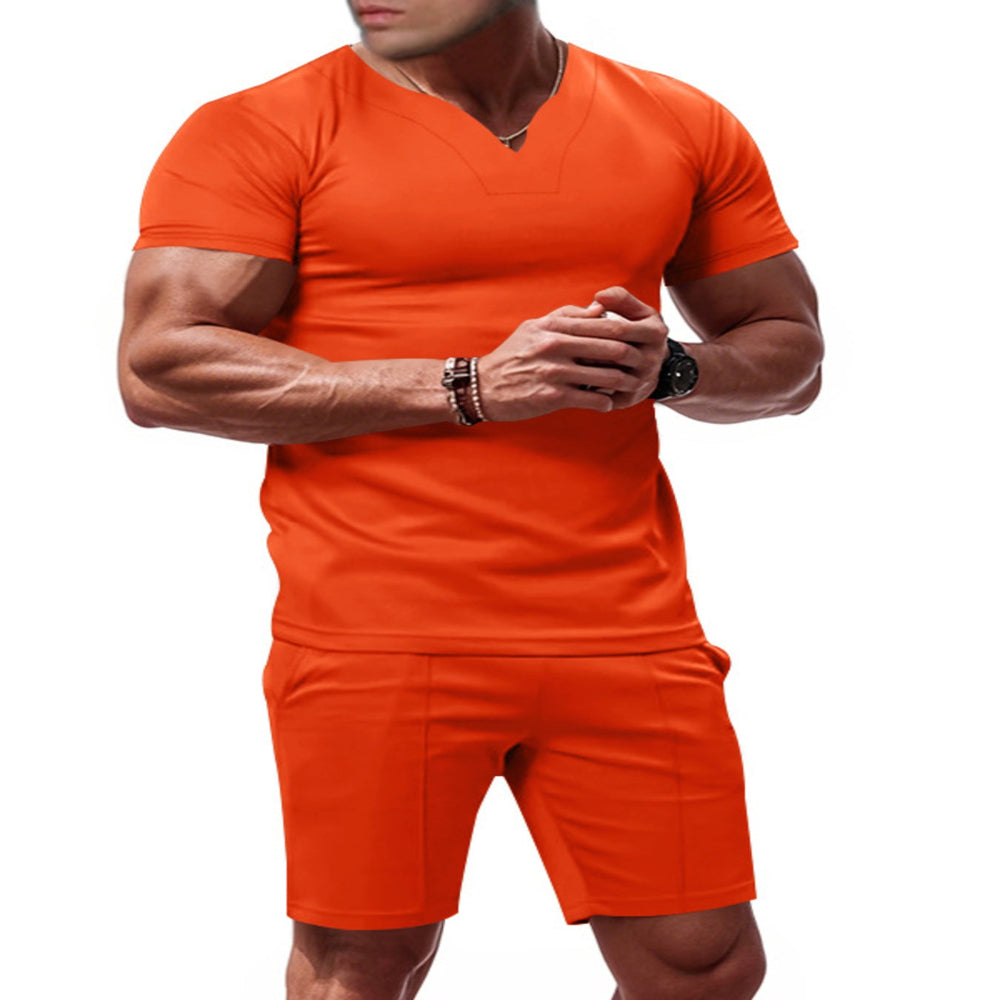 Men's Full Size V-Neck Short Sleeve T-Shirt and Shorts Set Plus Size - Orange