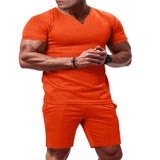 Men's Full Size V-Neck Short Sleeve T-Shirt and Shorts Set Plus Size - Orange