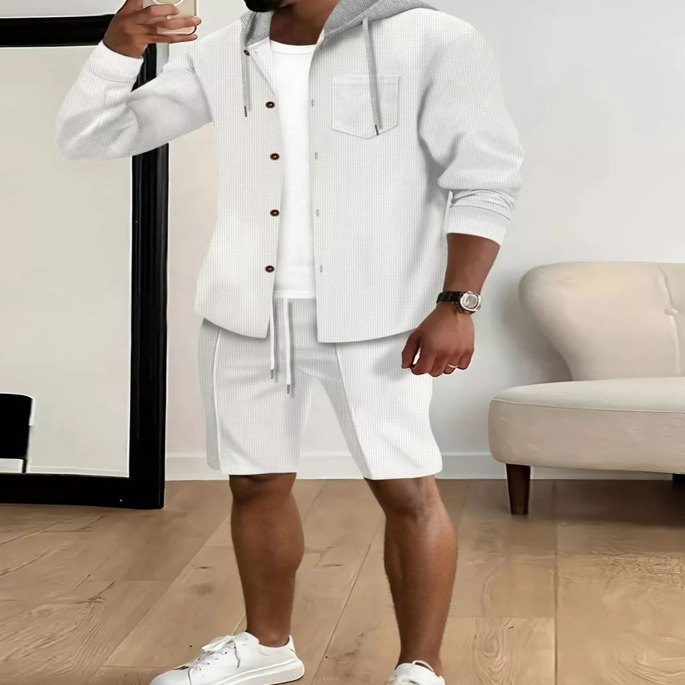 Men's Full Size Casual Hooded Button-Up Top and Shorts Set Plus Size - White