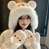 Women's Plush Bear Winter Hat & Gloves Set - Beige Gloves