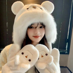 Cute plush bear winter hat and gloves set