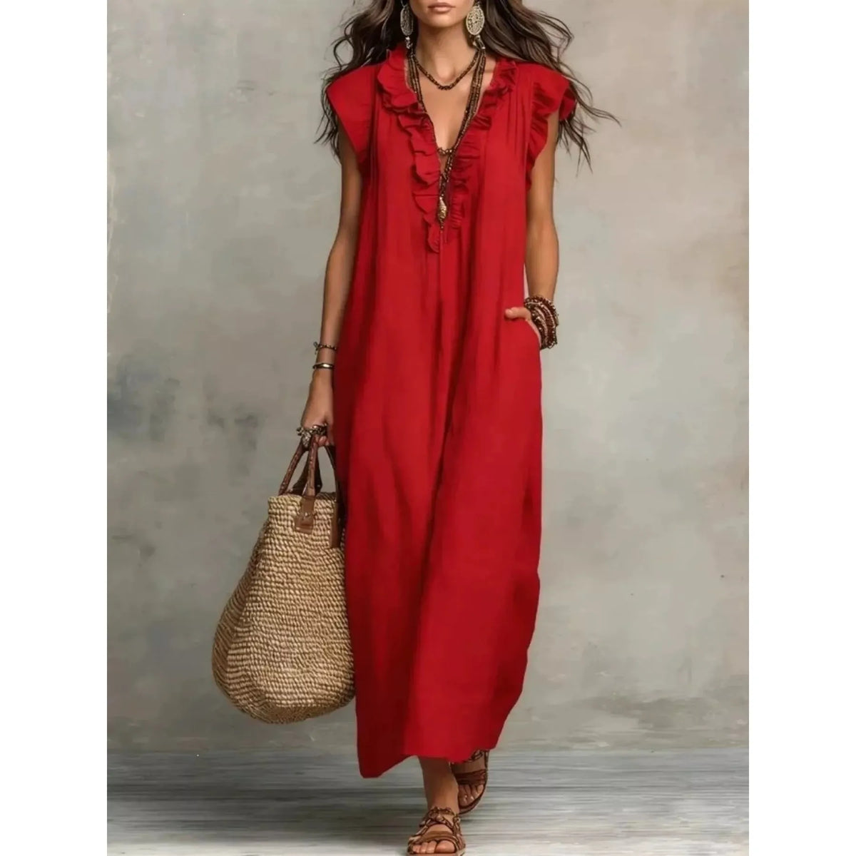 Full Size Ruffled V-Neck Cap Sleeve Maxi Dress Plus Size - White