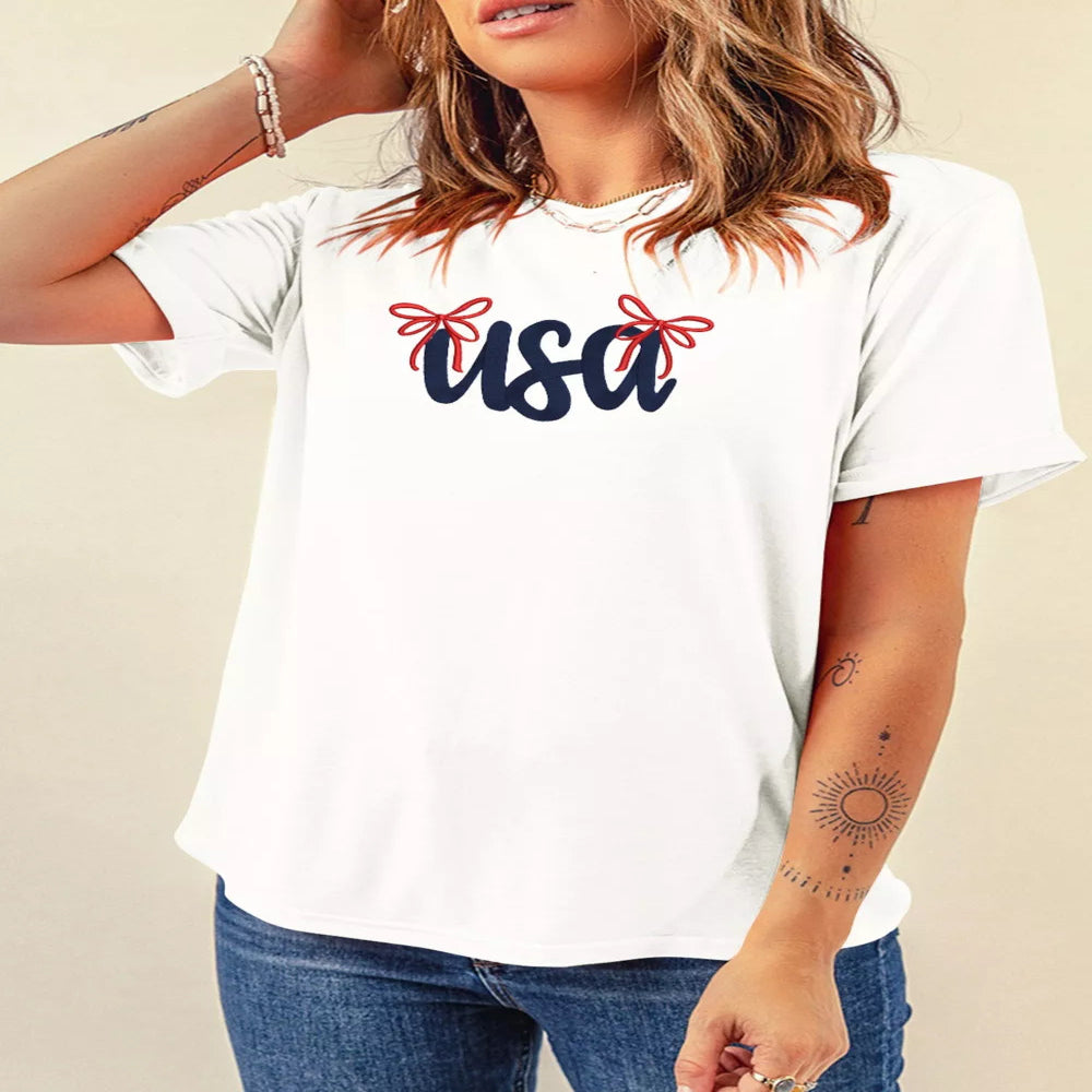 USA Lettering Bow Embroidered T-Shirt - White