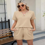 Solid Color Short Sleeve Top and Shorts Two-Piece Set - Navy