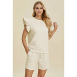 Double Take Full Size Texture Round Neck Ruffle Sleeve Top and Shorts Set - Cream