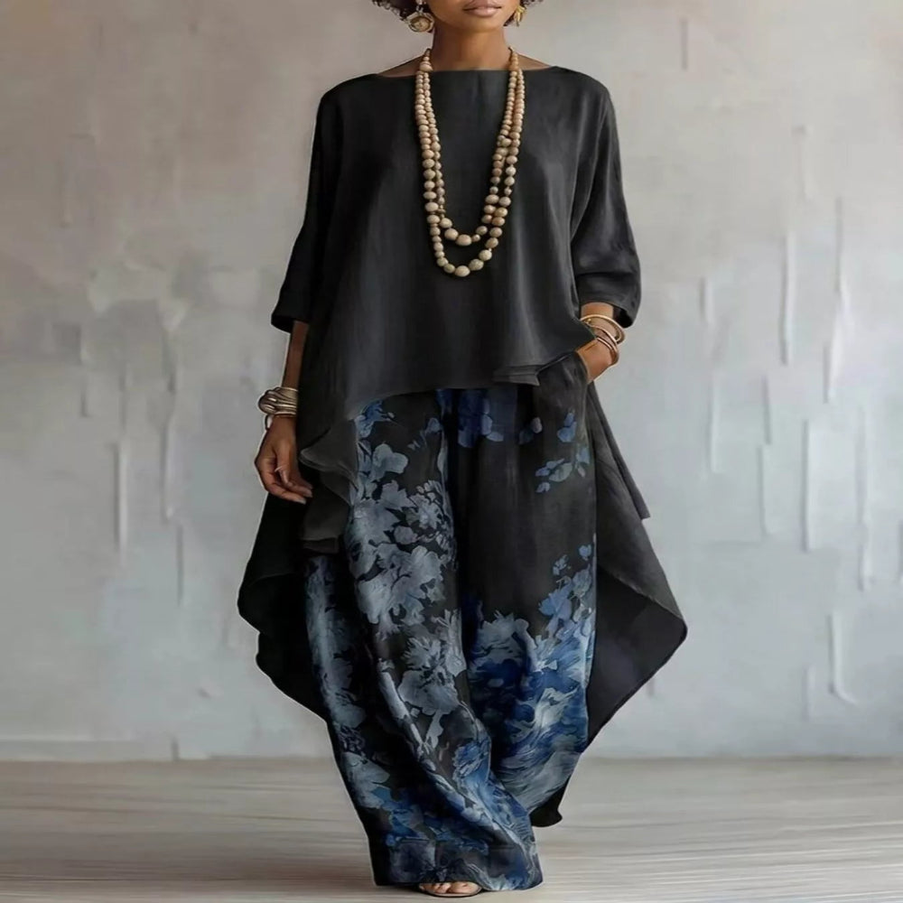 Asymmetrical Hem Top and Floral Pants Set - White