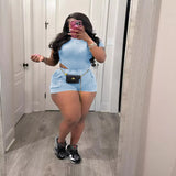 Ribbed Knit Bodysuit and Shorts Set - Sky Blue