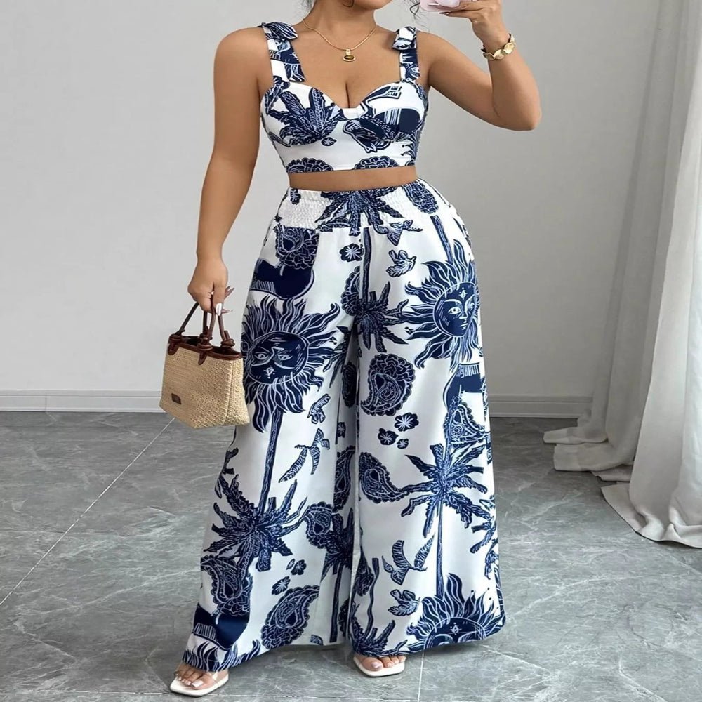 Floral Print Crop Top and Wide Leg Pants Set - Blue