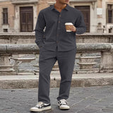 Men's Full Size Button Up Long Sleeve Shirt and Pants Set Plus Size - Navy Blue