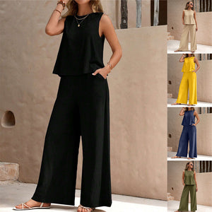 Women's casual two-piece outfit with sleeveless top and wide-leg pants set