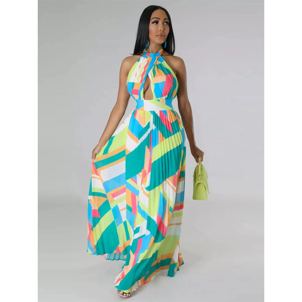 Halter Neck Geometric Print Pleated Maxi Dress - Green