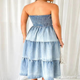Smocked Tube Slit Tiered Denim Dress - Light Blue