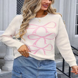 Angel Wings Bow Graphic Round Neck Long Sleeve Sweater - Cream