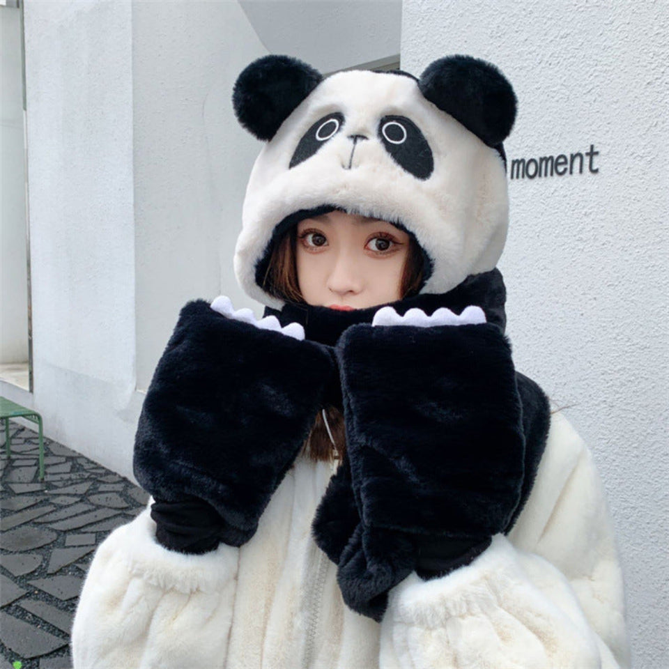 Women's winter hat, scarf, and gloves 3-piece set with soft warm knit fabric and cute bear design for cold weather.