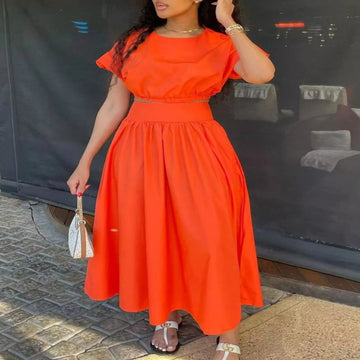 Short Sleeve Crop Top and Skirt Set - Orange Red