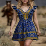 Ruffled V-Neck Mini Dress - Burgundy