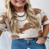 Western Horse Short Puff Sleeve Sweater - Beige