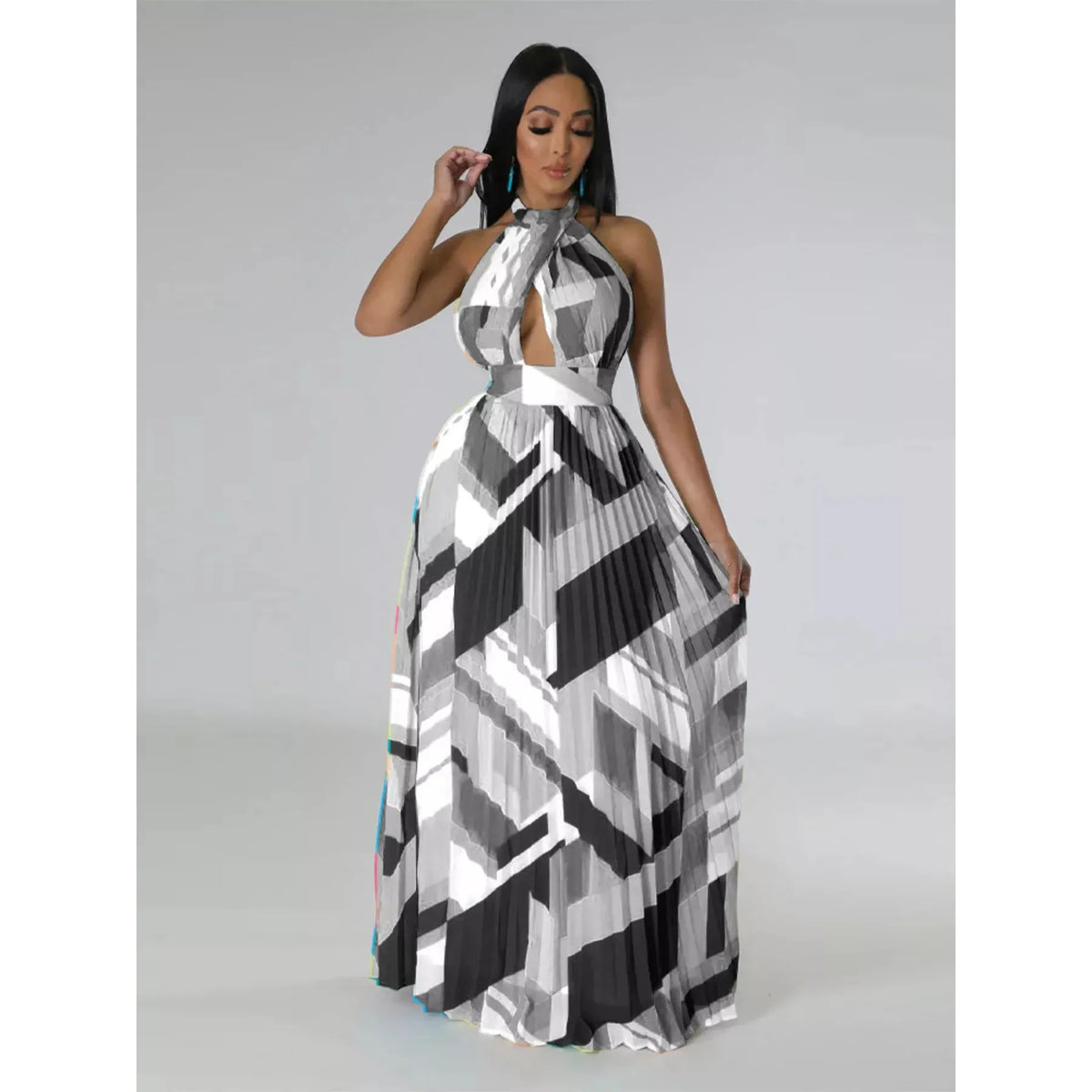 Halter Neck Geometric Print Pleated Maxi Dress - Red