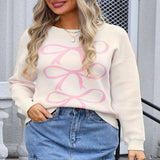 Angel Wings Bow Graphic Round Neck Long Sleeve Sweater - Cream