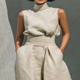 Turtleneck Sleeveless Top and Pants Set - Ivory