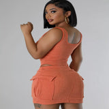 Ribbed Knit Bodysuit and Drawstring Skirt Set - Black