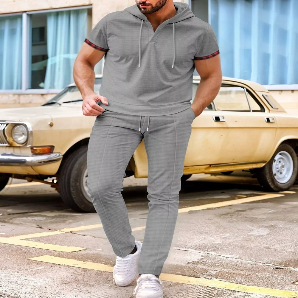 Men's Full Size Casual Short-Sleeve Hoodie and Pants Set Plus Size - Black