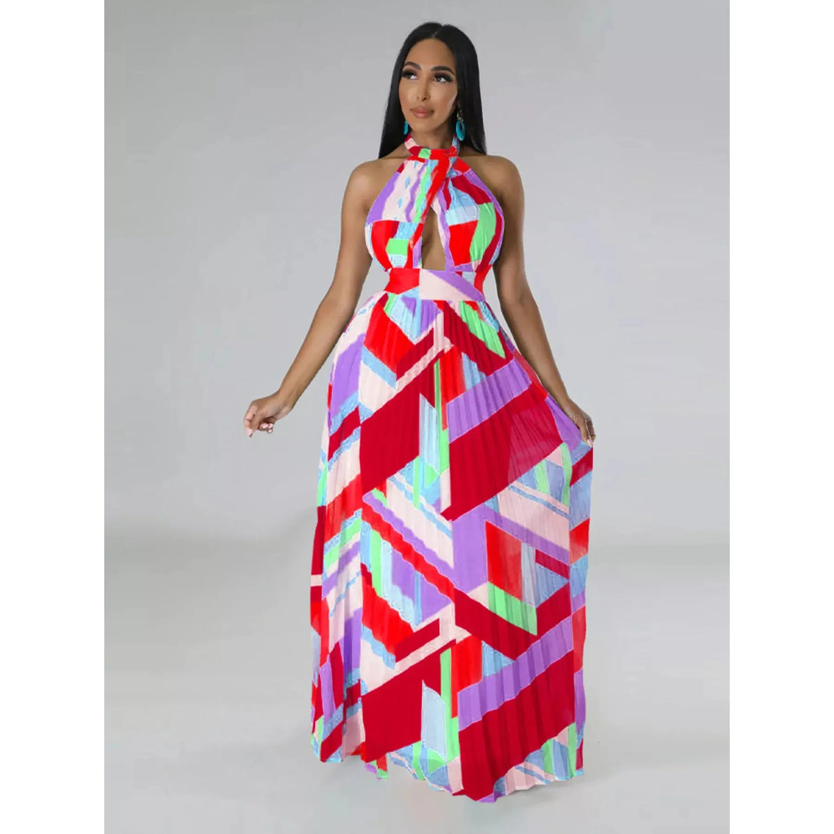 Halter Neck Geometric Print Pleated Maxi Dress - Black