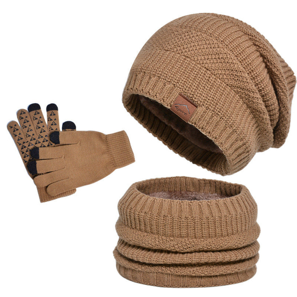 Winter fleece-lined knit hat, matching scarf, and gloves three-piece set in khaki for cold weather.