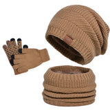 Winter fleece-lined knit hat, matching scarf, and gloves three-piece set in khaki for cold weather.