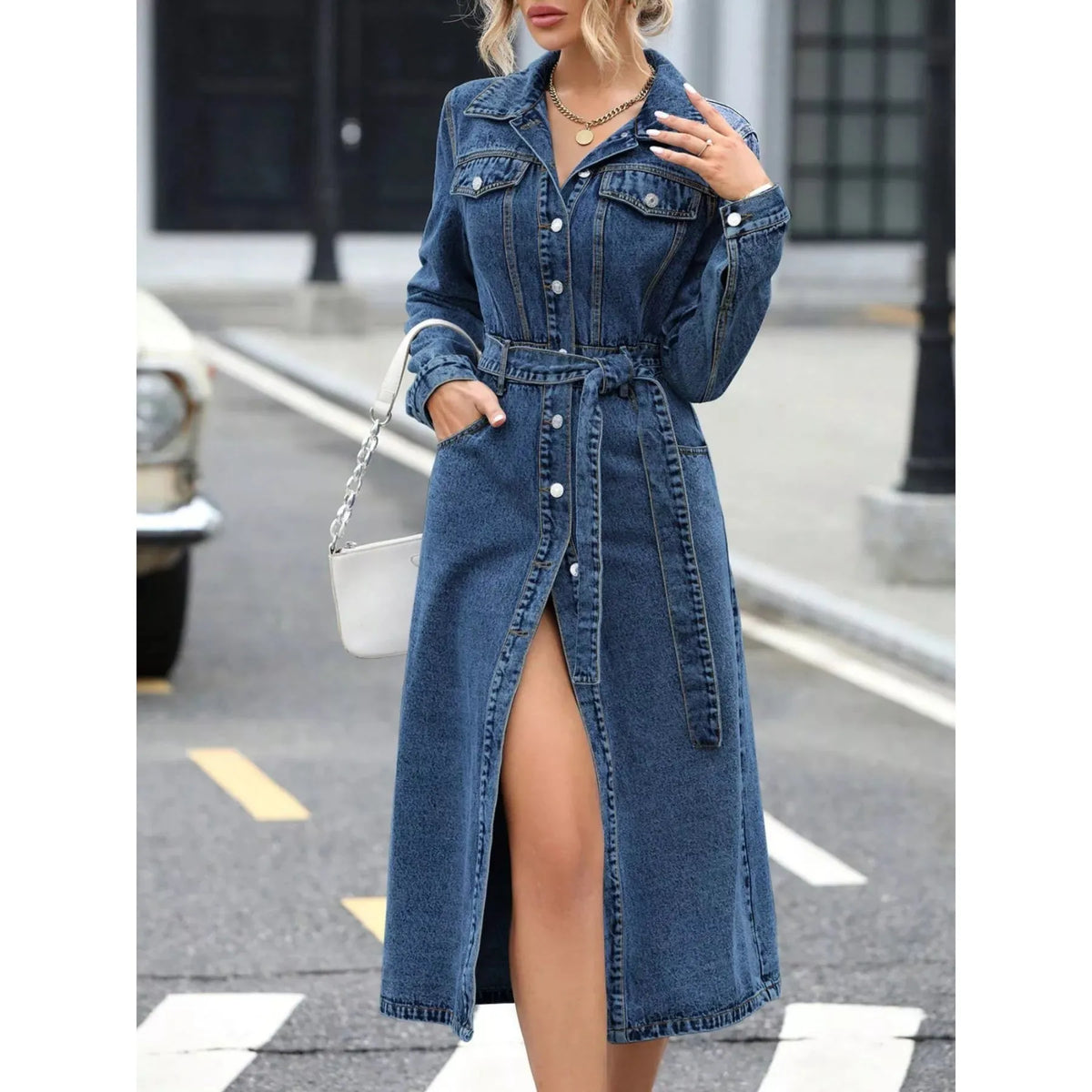 Belted Long Sleeve Denim Dress - Blue