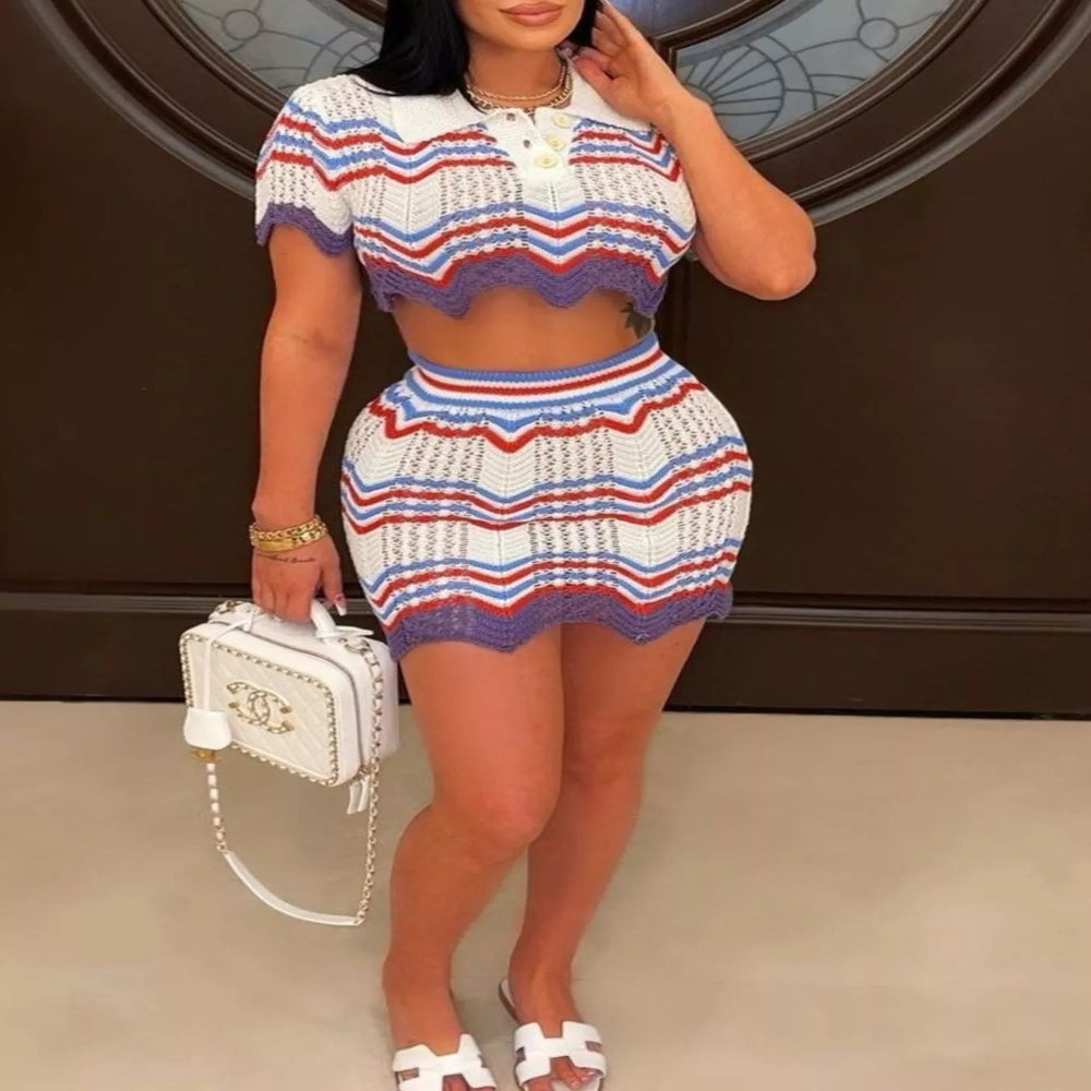 Chevron Knit Polo Crop Top and Mini Skirt Set - Light Blue Stripe
