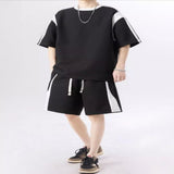 Men's Plus Size Contrast Round Neck Top and Shorts Set - Black