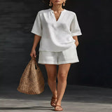 Full Size Notched Half Sleeve Top and Shorts Set Plus Size - White