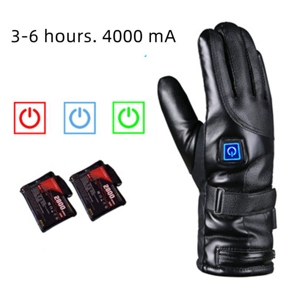 Rechargeable heated winter cycling gloves with three-level temperature control for outdoor cold-weather activities.