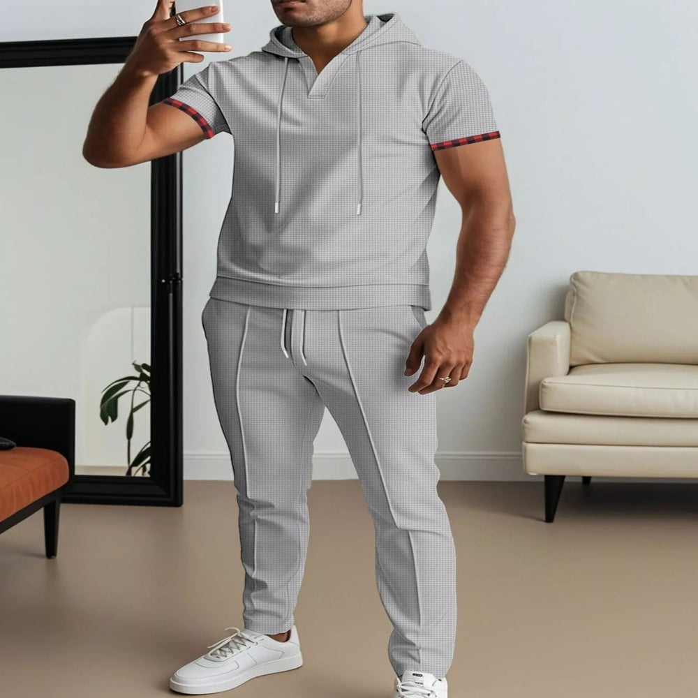 Men's Full Size Casual Short-Sleeve Hoodie and Pants Set Plus Size - Black