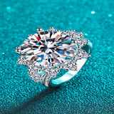 10 carat flower-shaped moissanite ring with brilliant sparkling gemstones.