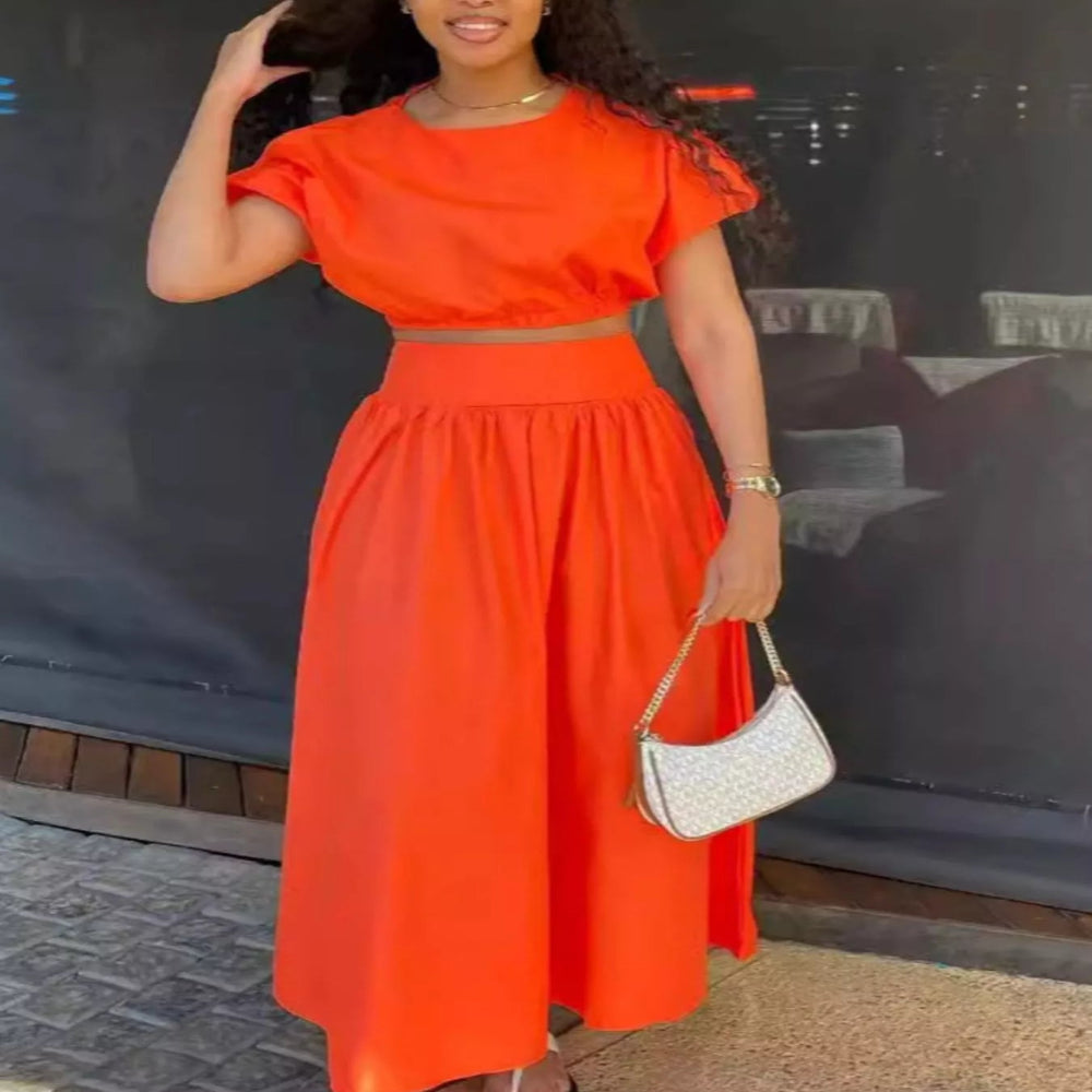 Short Sleeve Crop Top and Skirt Set - Orange Red